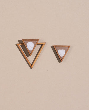 WHE Beige Two Look in One Upcycled Fabric and Repurposed Wood Triangle Earring