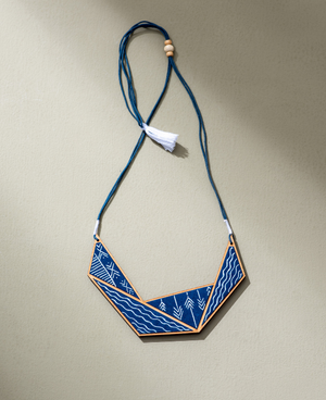 WHE Hand Painted Blue Connecting Triangle Upcycled Fabric and Repurposed Wood Necklace