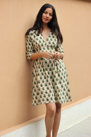 Cream And Green Paisley Plunge Dress