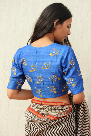 Blue Raw Silk Embroidered Blouse