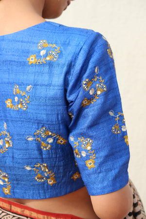 Blue Raw Silk Embroidered Blouse