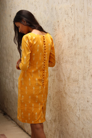 Handwoven Ikat Pencil Dress in Yellow