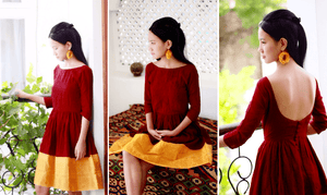 Tomato Red Fit and Flare Madurai Saree Dress - Mogra Designs