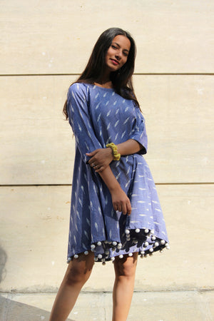 Blue Ikat Swing Dress with Handmade Pompoms