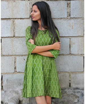 Green Handwoven Ikat Pleated Dress by Mogra Designs