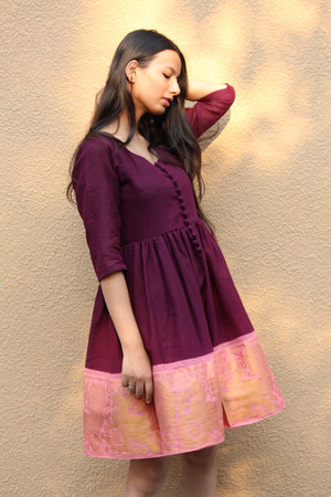 Burgundy and Coral Pink Fit & Flare Madurai Saree Dress