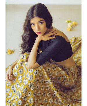 Hand Block Printed Canary Yellow and Black Lehenga Set in Cotton and Raw Silk by Mogra Designs
