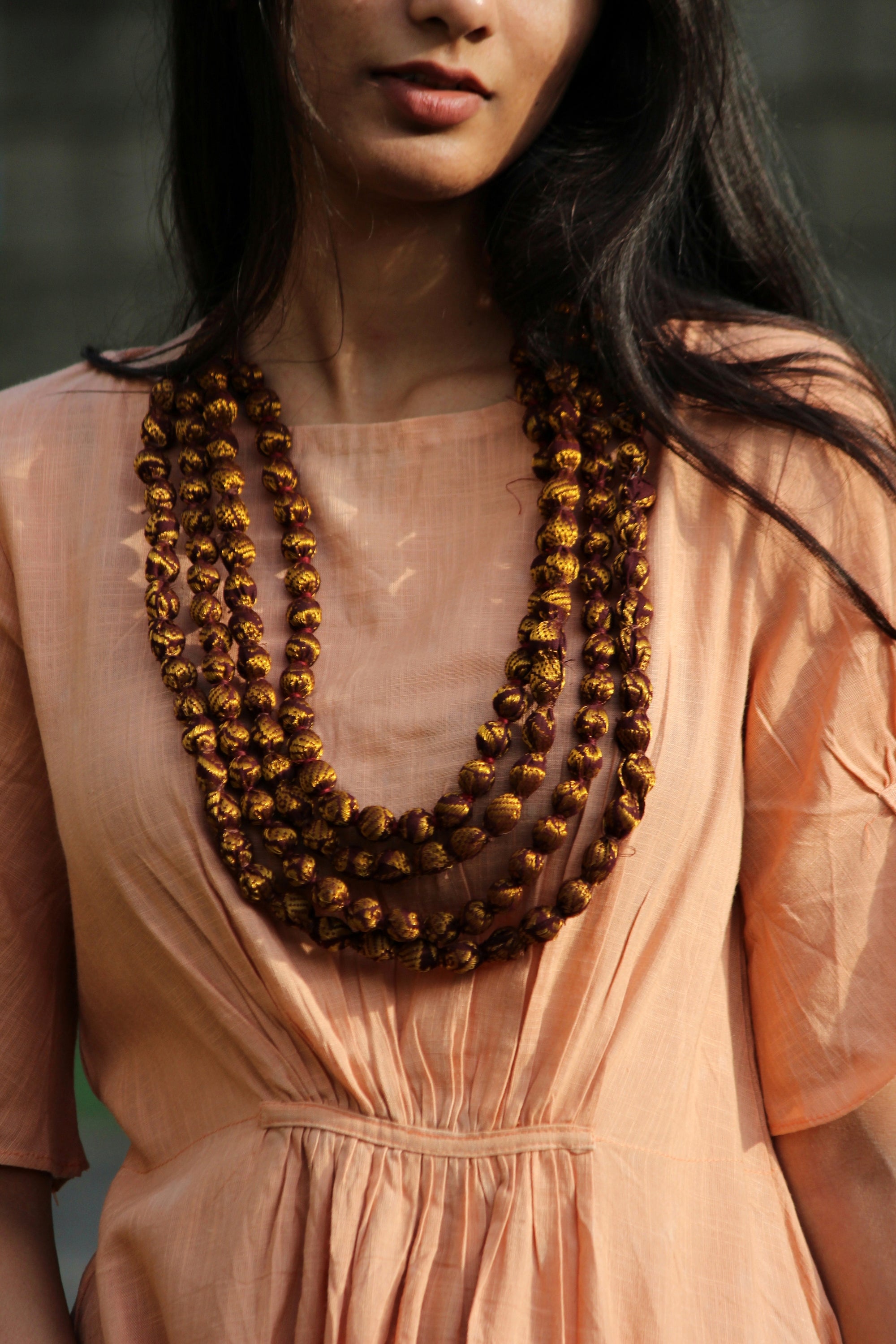 Gold and Brown Sari Bead Necklace By Qurcha