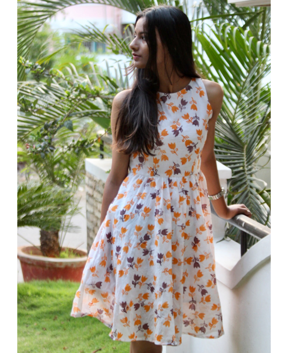Hand Block Printed Mulmul Cotton Floral Dress by Mogra Designs
