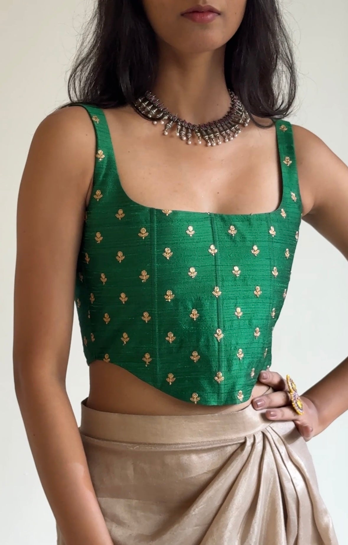 Green Raw Silk Embroidered Corset