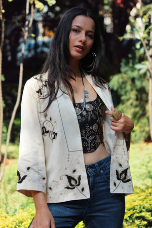 Black Petal Embroidered Kimono Jacket