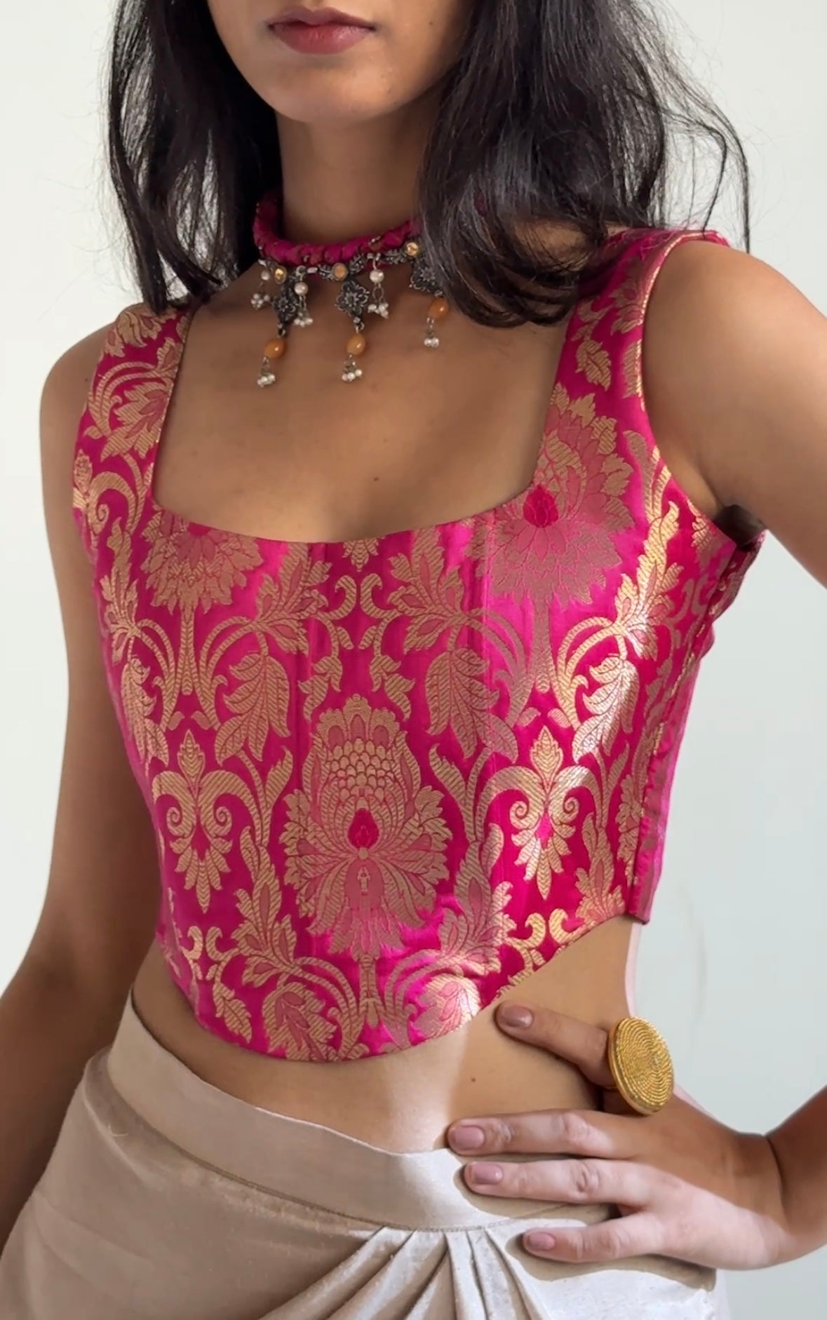 Fuchsia Gold Brocade Silk Corset