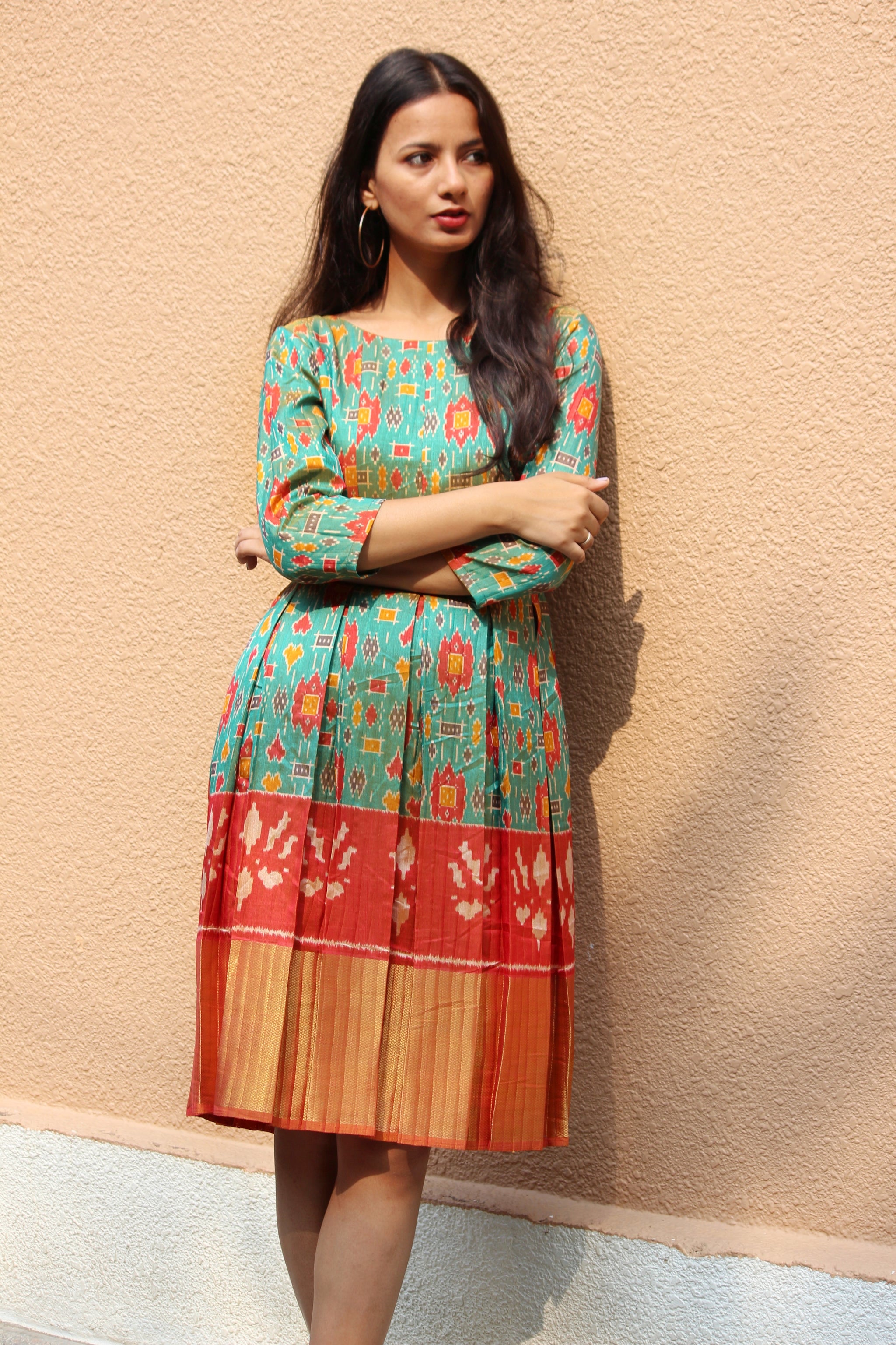Teal Patola Pleated Dress - Mogra Designs Teal Patola Pleated Dress - Mogra Designs