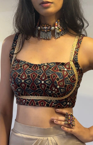 Ajrakh Embroidered Backless Blouse