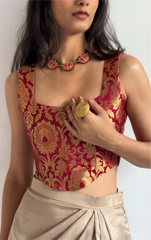 Dark Red Gold Brocade Silk Corset