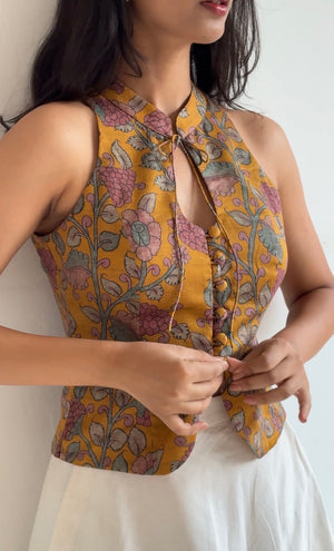 Mustard Kalamkari Printed Halter Top
