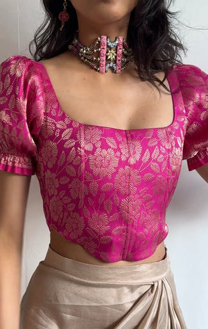 Flamingo Brocade Corset With Sleeves