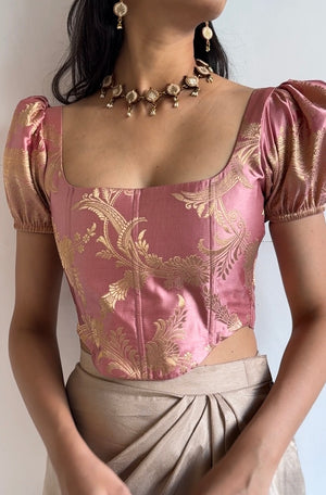 Rose Gold Brocade Corset With Sleeves