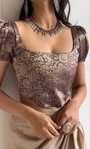 Dark Mauve Brocade Corset With Sleeves