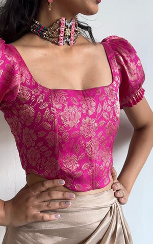 Flamingo Brocade Corset With Sleeves