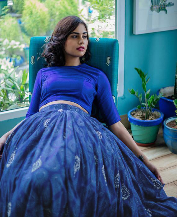 Blue Hand Block Printed & Hand Embroidered Cotton Lehenga Set