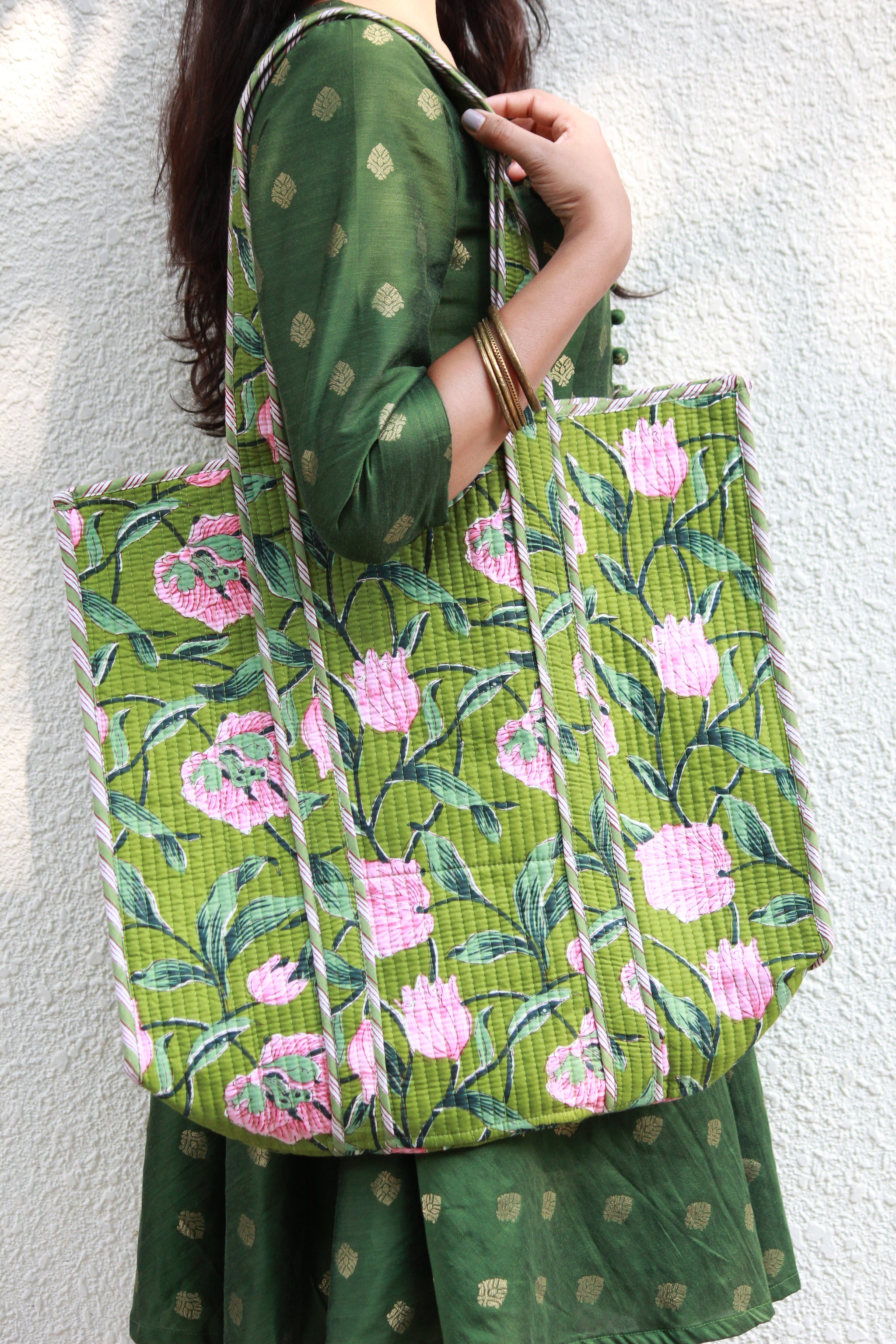 Green Pink Quilted Tote Bag Mogra Designs - Main Image