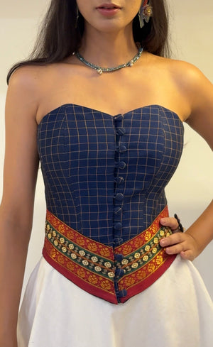 Blue Checkered Overbust Corset