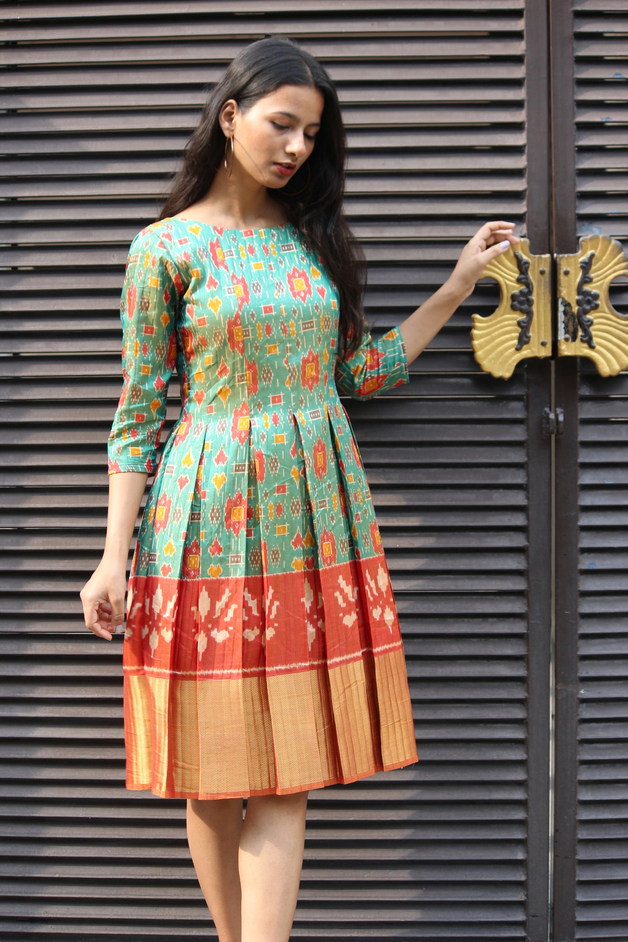 Teal Patola Pleated Dress - Mogra Designs Teal Patola Pleated Dress - Mogra Designs
