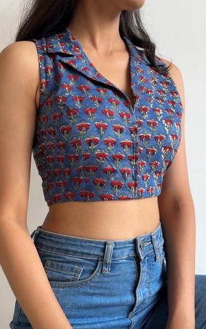 Blue Red Collared Halter Neck Crop Top