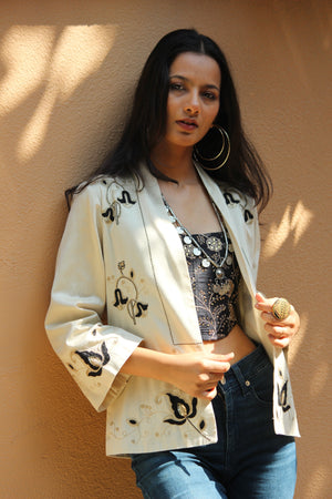 Black Petal Embroidered Kimono Jacket