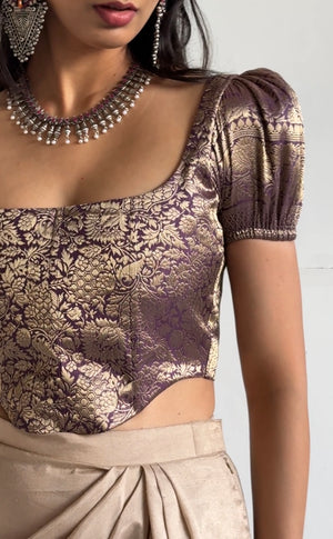 Dark Mauve Brocade Corset With Sleeves