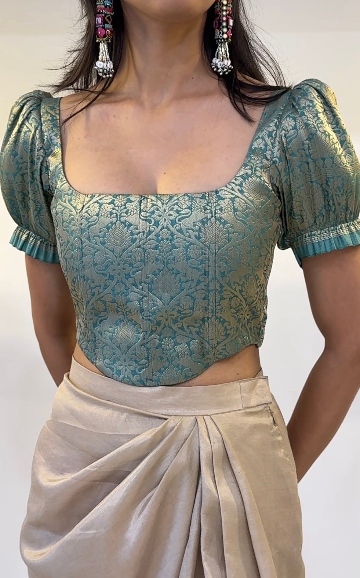 Teal Brocade Corset With Sleeves