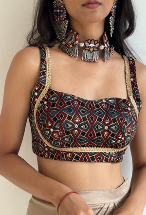 Ajrakh Embroidered Backless Blouse