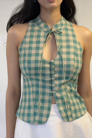 Teal Madras Check Halter Top