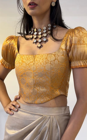 Mustard Gold Brocade Corset With Sleeves