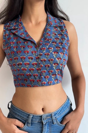 Blue Red Collared Halter Neck Crop Top