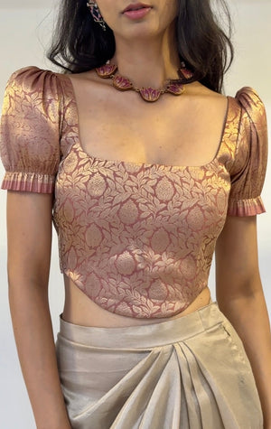 Rose Gold Brocade Corset With Sleeves