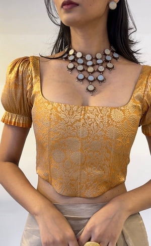 Mustard Gold Brocade Corset With Sleeves