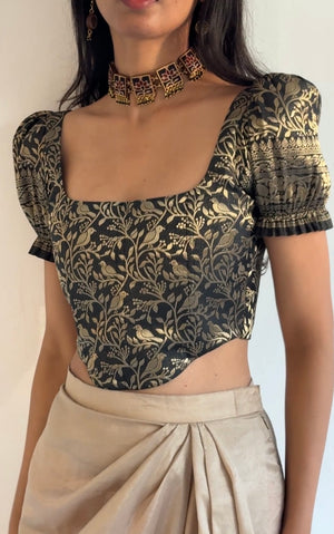 Black Gold Brocade Corset With Sleeves