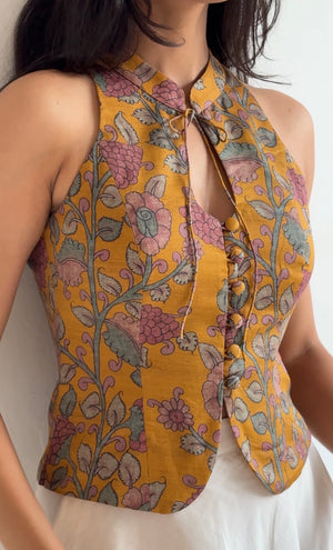 Mustard Kalamkari Printed Halter Top