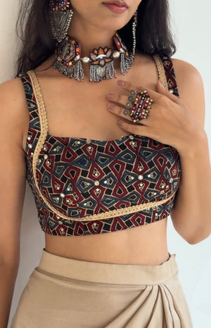 Ajrakh Embroidered Backless Blouse