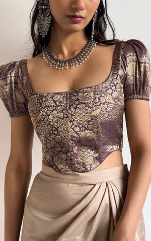 Dark Mauve Brocade Corset With Sleeves