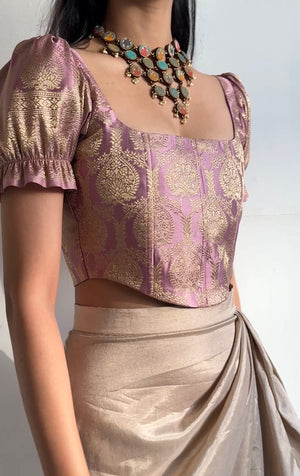 Dusty Pink Brocade Corset With Sleeves