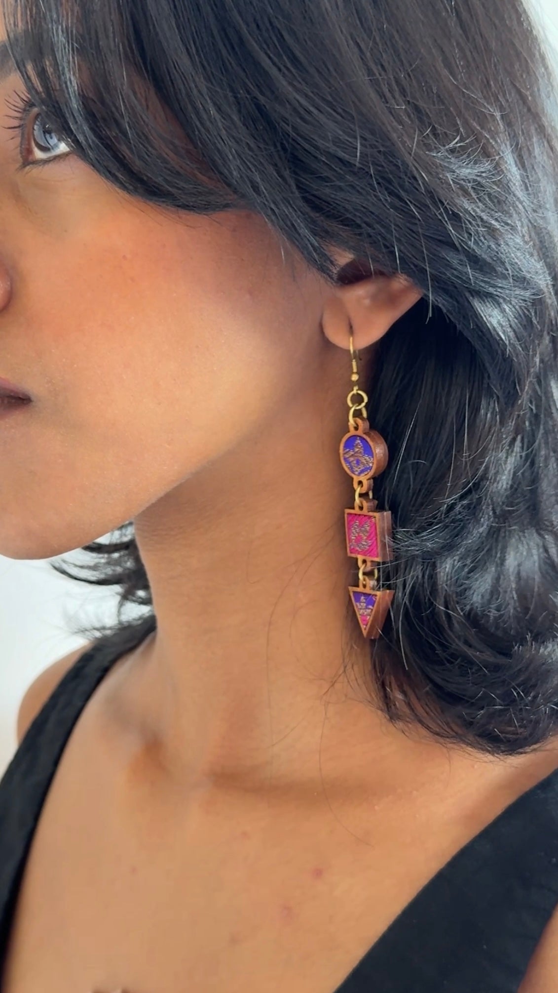 WHE Multicolor  Festive Upcycled Fabric and Repurposed Wood Geometrical Earring