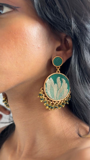 WHE Green Festive Brocade Fabric and Repurposed Wood Earrings