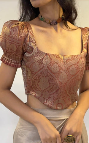 Mocha Brocade Corset With Sleeves
