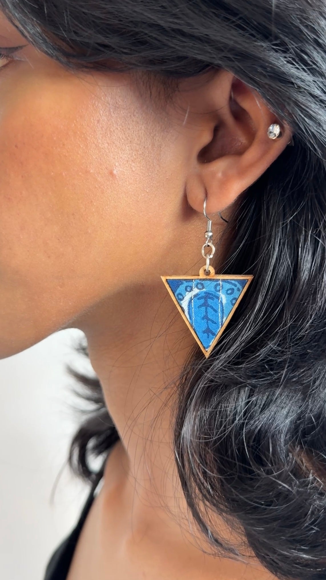 WHE Blue Upcycled Fabric and Repurposed Wood Triangular Earrings