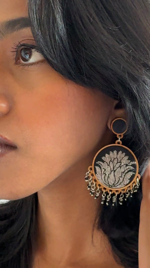 WHE Black Festive Brocade Fabric and Repurposed Wood Earrings