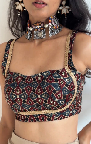 Ajrakh Embroidered Backless Blouse