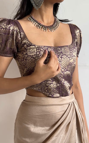 Dark Mauve Brocade Corset With Sleeves